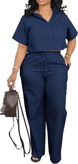 ThusFar Women Linen 2 Piece Outfits Short Sleeve Button Down Crop Top Drawstring Long Pants Suit Summer Work Lounge Set