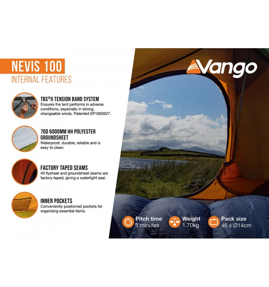 Vango Nevis 100 1-Man Tent, Compact, Lightweight, Easy Pitch, Waterproof