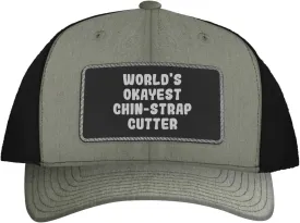 World's Okayest Chin-Strap Cutter - Leather Black Patch Engraved Trucker Hat